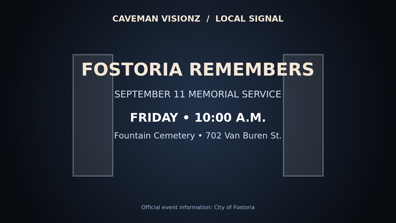 Caveman Visionz memorial graphic with the Fostoria service date, time, and location
