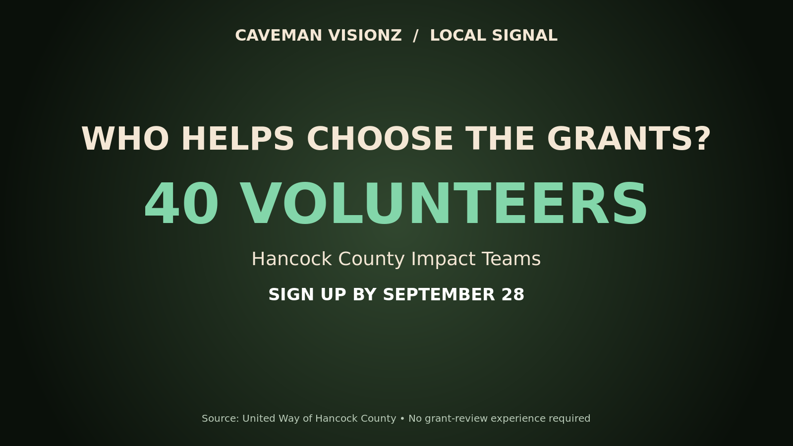 Caveman Visionz Local Signal graphic explaining Hancock County Impact Team volunteer recruitment