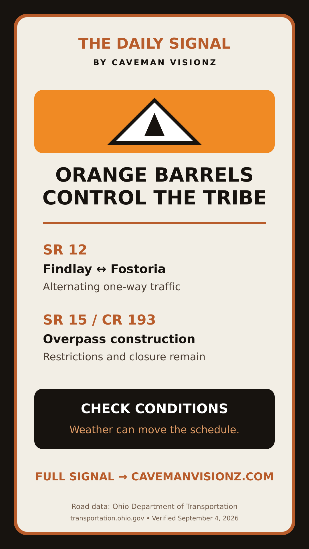 Caveman Visionz graphic summarizing State Route 12 and State Route 15 restrictions in Hancock County
