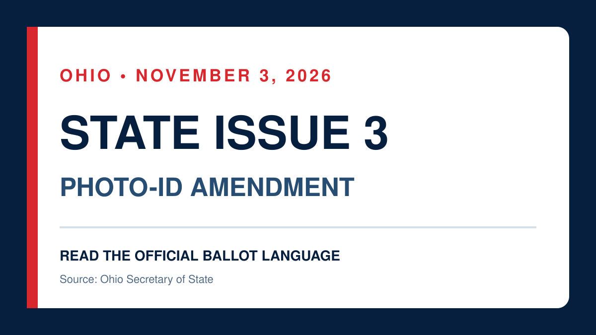 Ohio Issue 3 information card identifying the photo-ID amendment and November 3, 2026 election date