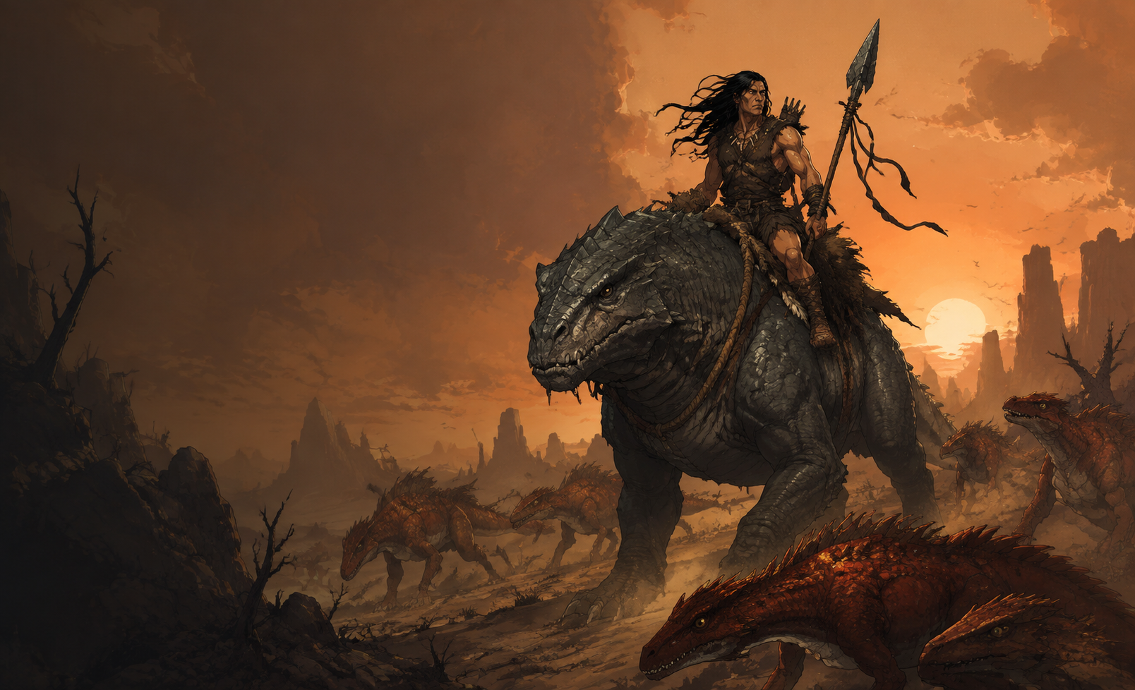 An original cave scout riding a prehistoric beast at sunset
